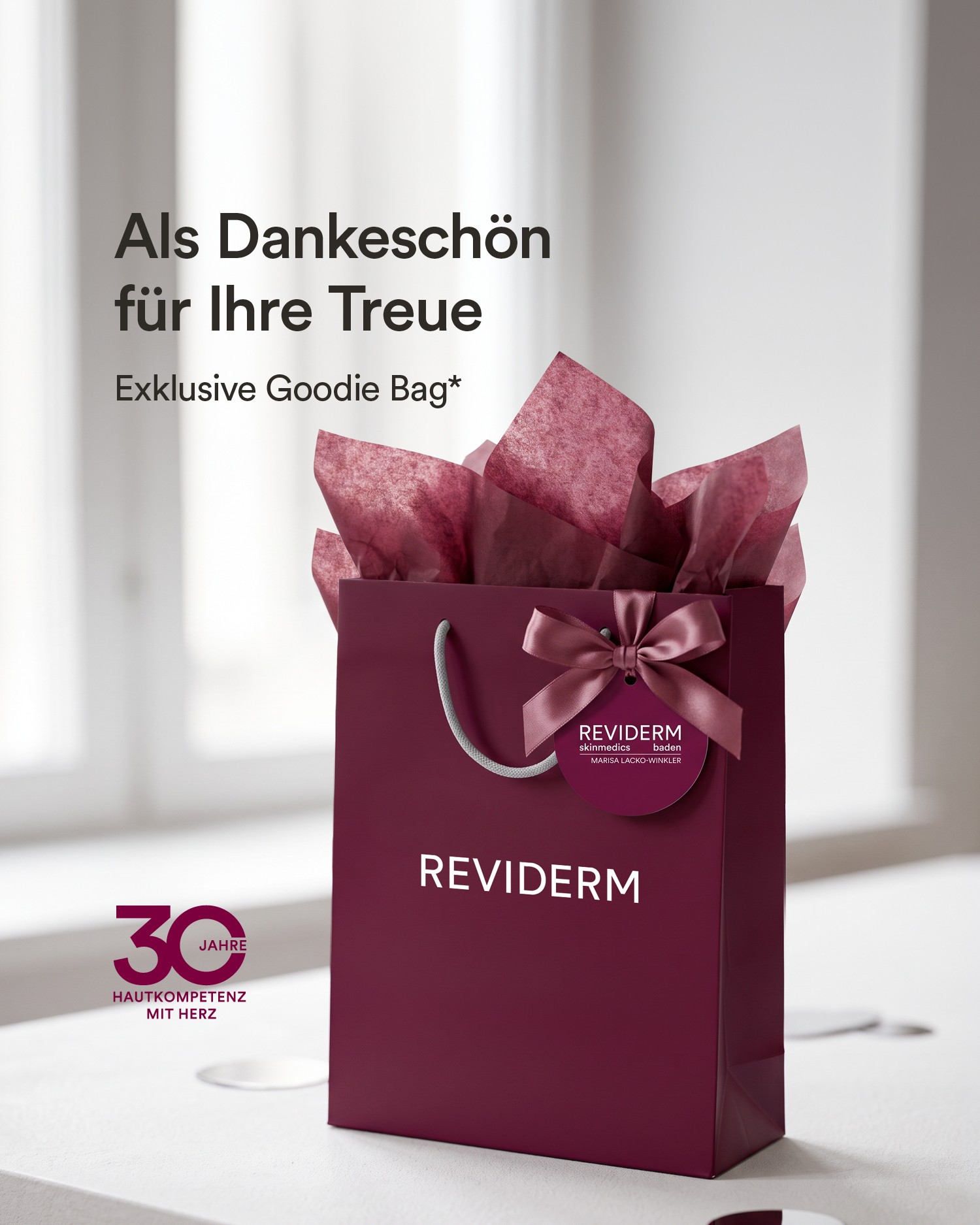 Exklusive Goodie Bag von REVIDERM skinmedics baden zum 30-Jahre-Jubiläum – 30 Jahre Hautkompetenz mit Herz